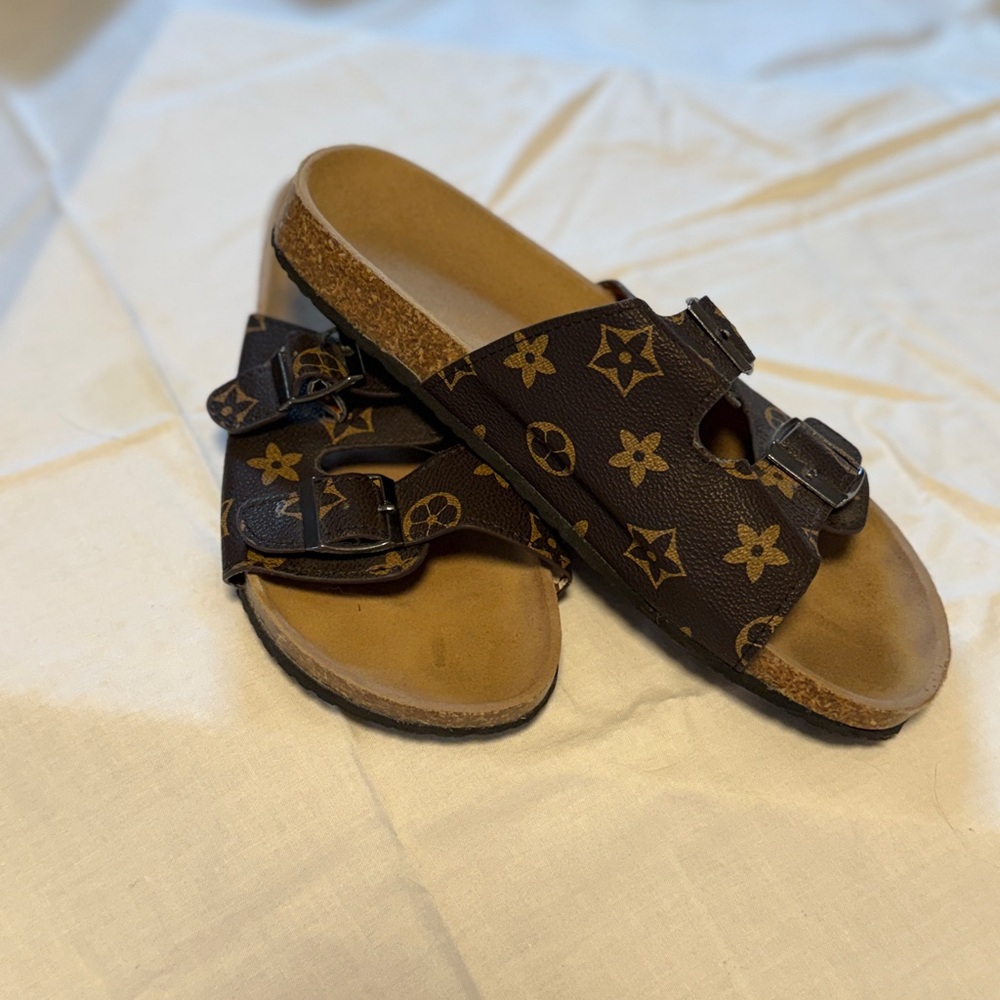 LV like Double-Buckle Slide Sandals in Brown